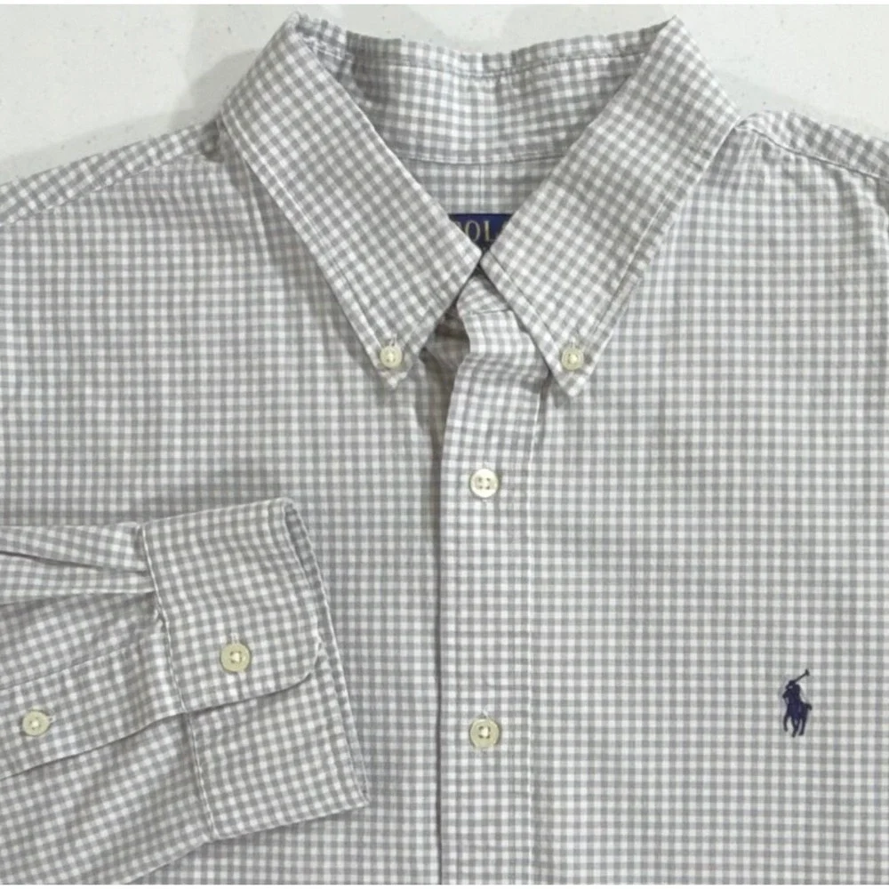 Polo Ralph Lauren Button Down Size XL Grey Gingham Classic Fit Cotton Blend READ